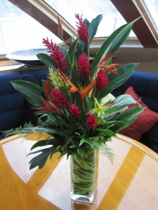 An arrangement of large heliconia flowers from Good Moon Farm.